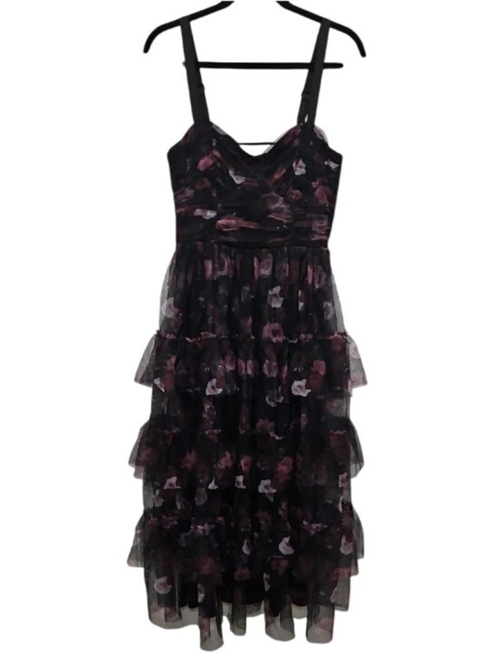 Lulus Sentimental Charisma Black Floral Mesh Tiered Midi Dress New Medium - Picture 2 of 12